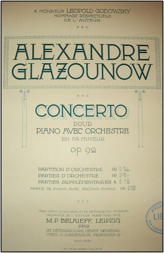 Glazounov, Alexander. (1865-1936) Concerto pour piano avec orchestre, Op. 92