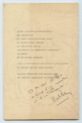 [Jazz in France] [Miller, Glenn. (1904–1944)] & Delaunay, Charles. (1911–1988) Concert Program inscribed by Delaunay to Michel de Bry