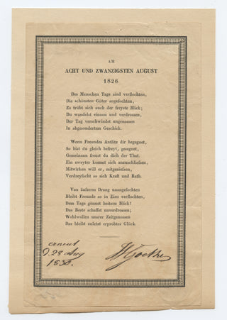 Goethe, Johann Wolfgang von. (1749-1832) "Am acht und zwanzigsten August 1826" - SIGNED POEM