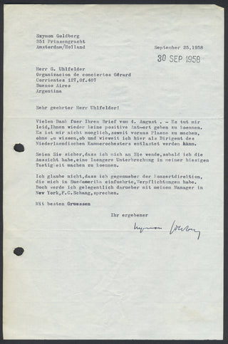 Goldberg, Szymon. (1909–1993) Typed Letter Signed about Concerts in Argentina