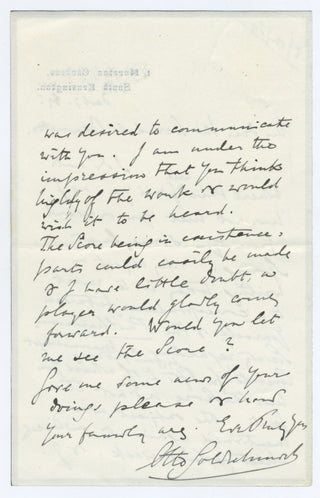 [Sterndale Bennett, William. (1816–1875] [Sullivan, Arthur Seymour. (1842–1900)] [Bennett, James Robert Sterndale. (1847–1928)] Goldschmidt, Otto. (1829–1907) Autograph letters signed to William Sterndale Bennett and Bennett's son