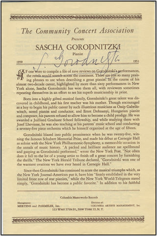 Gorodnitzki, Sascha. (1904–1986) Signed Recital Program