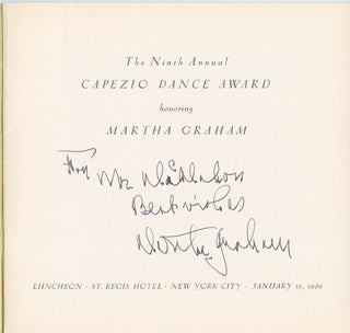 Graham, Martha. (1894–1991) Signed Program from the 1960 Capezio Dance Award