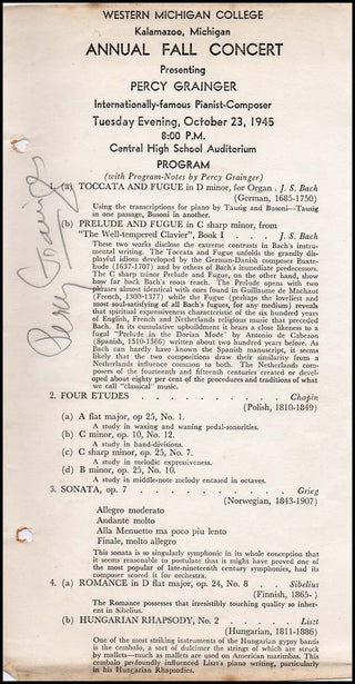 Grainger, Percy. (1882–1961) Signed Recital Program