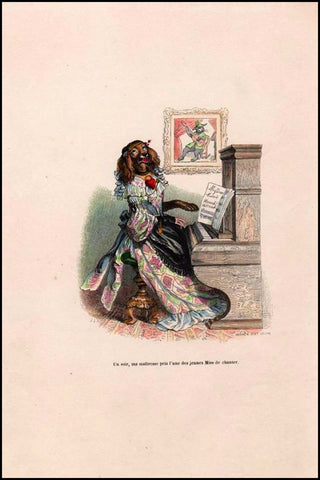 [Dog Pianist] [Grandville, J. J. (Jean Ignace Isidore Gerard) (1803 - 1847)] "The Madam Lady Pianist" - Hand Colored 1842 Printed Caricature