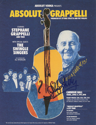 Grappelli, Stephane. (1908-1997) ABSOLUT GRAPPELLI - Signed Carnegie Hall Broadside