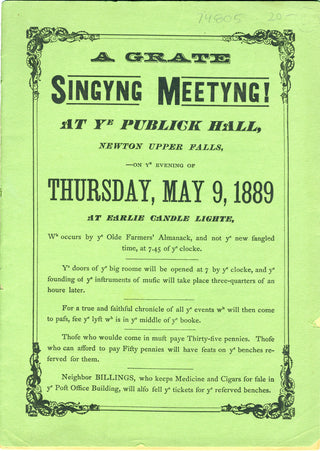 [Baptist Meeting House, Newton Upper Falls, Massachusetts] "A Grate Singyng Meetyng! At Ye Publick Hall" - 1889 Concert Program