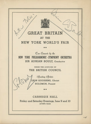 [Great Britain] [Vaughan Williams, Ralph. (1872–1958)] Boult, Adrian. (1889–1983) & Solomon. (1902–1988) & Bliss, Arthur. (1891–1975) "Great Britain at the New York World's Fair" - Signed Program