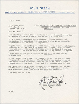 Green, Johnny. (1908 - 1989) Forceful Signed Letter