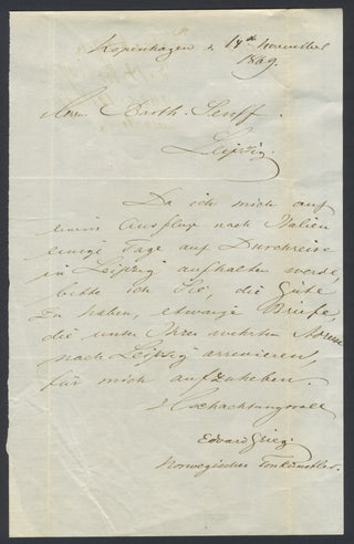 Grieg, Edvard. (1843–1907) Autograph Letter at age 26, signed "Edvard Grieg, Norwegian composer"