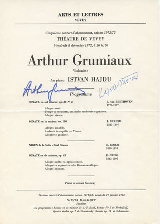 Grumiaux, Arthur. (1921-1986) & Hadju, Istvan. (1913 - 1998) Signed Program