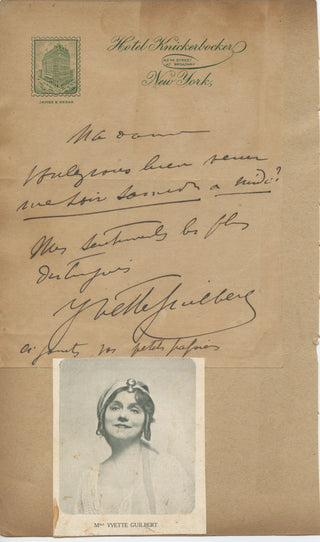 Guilbert, Yvette. (1865–1944) Autograph Note Signed in NY