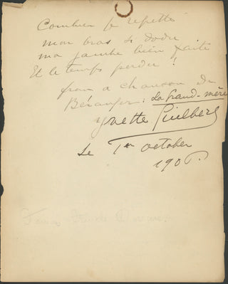 Guilbert, Yvette. (1865–1944) [Béranger, Pierre-Jean de. (1780–1857)] "Ma grand-mère" - Autograph Quotation Signed