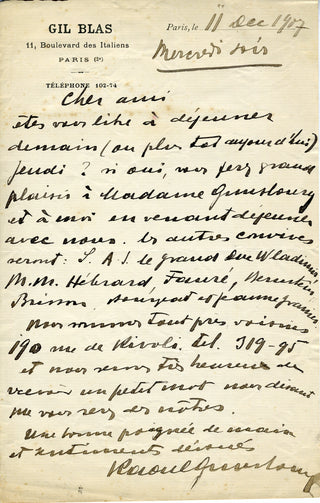 [Opéra de Monte-Carlo] Gunsbourg, Raoul. (1860-1955) Autograph Musical Quotation and Autograph Letter mentioning Grand Duke Vladimir and Fauré