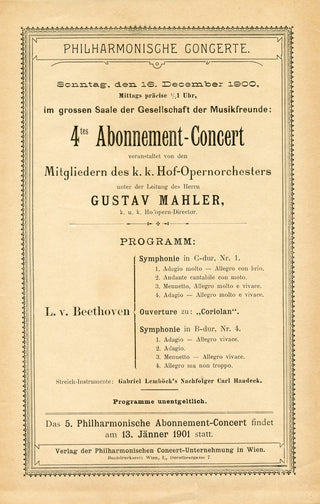 [Beethoven, Ludwig van. (1770–1827)] Mahler, Gustav. (1860-1911) Original 1900 All-Beethoven Concert Program