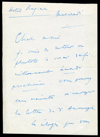 Hahn, Reynaldo. (1874-1947) [D'Annunzio, Gabriele. (1863-1938)] Autograph Letter - " It is such cheek for a musical hack like me to dare to write in prose!"