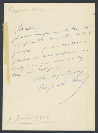 Hahn, Reynaldo. (1874–1947) Autograph Letter