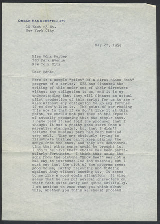 Hammerstein, Oscar. (1895–1960) [Ferber, Edna. (1885–1965)] Typed Letter Signed about "Show Boat"