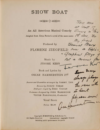 Hammerstein, Oscar. (1895–1960) & Kern, Jerome. (1885–1945) & Ferber, Edna. (1885–1968) [Marx, Samuel. (1902–1992)] "Show Boat" - Vocal Score SIGNED AND INSCRIBED BY HAMMERSTEIN AND KERN TO SAMUEL MARX