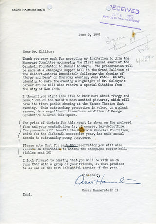 Hammerstein, Oscar. (1895-1960) [Killion, George L. (1902-1983)] Typed Letters Signed about Gala Honoring Samuel Goldwyn