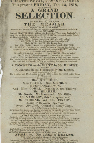 [Handel, George Frederic. (1685–1759)] [Mozart, Wolfgang Amadeus. (1756–1791)] "A Grand Selection, The First Part Solely from 'The Messiah'" - Original 1818 Broadside