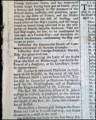 [Handel, George Frederic. (1685-1759)] 1759 London Chronicle with Handel Obituary