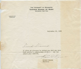 Hanson, Howard. (1896–1981) [Diamond, David. (1915–2005)] Typed Letter Signed, Awarding a Scholarship to Eastman to DAVID DIAMOND