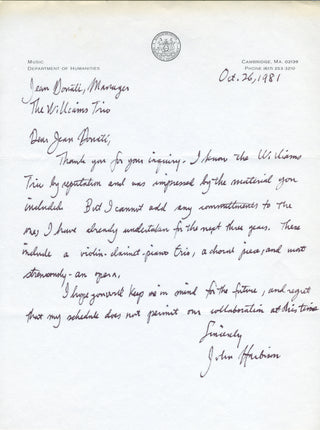 Harbison, John. (b. 1938) Autograph Letter Signed