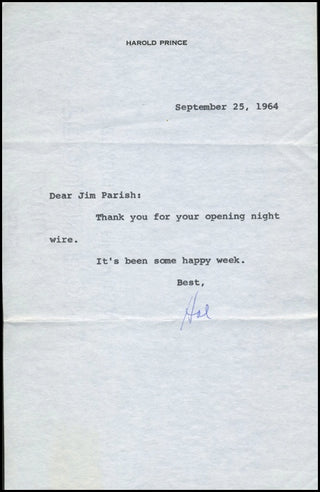 Prince, Harold. (b. 1928) Typed Note Re: Opening Night of "Fiddler on the Roof."