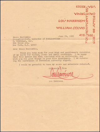 Harrison, Lou. (1917 - 2003) Signed Letter to G. Schirmer