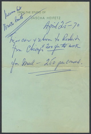 Heifetz, Jascha. (1901–1987) Autograph Note about Concert Fees