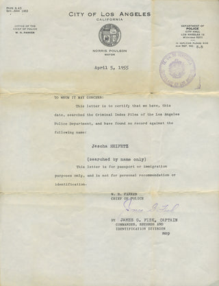 Heifetz, Jascha. (1901–1987) Statement of No Criminal Record