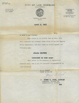 Heifetz, Jascha. (1901–1987) Statement of No Criminal Record