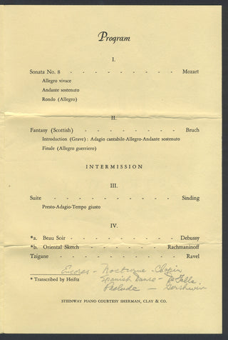 Heifetz, Jascha. (1901–1987) Signed Program with Letter from an Audience Member