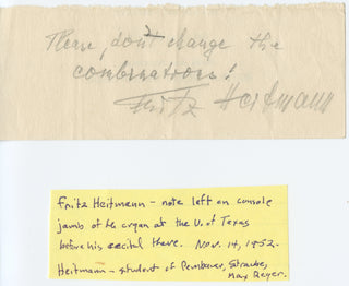 [Organ] Heitmann, Fritz. (1891–1953) Autograph Note Signed, Left on the Organ Console!