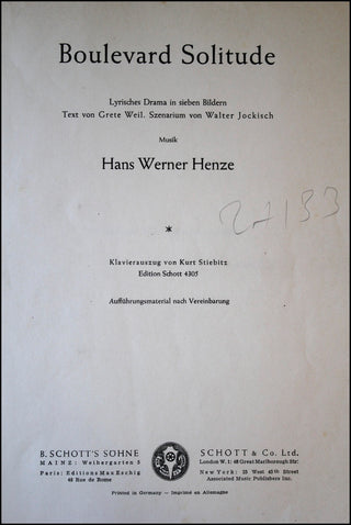 Henze, Hans Werner. (1926 - 2012) Boulevard Solitude. Lyrisches Drama in sieben Bildern.