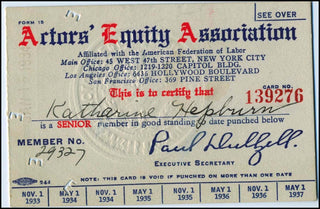 [Hollywood] Hepburn, Katharine. (1907–2003) Her Actor's Equity Association Card