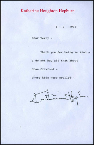 [Hollywood] Hepburn, Katharine. (1907–2003) Signed Letter about Joan Crawford