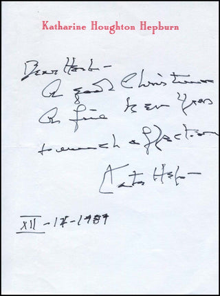 Hepburn, Katharine. (1907–2003) Autograph Letter sending Christmas and New Year's Greetings