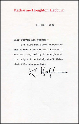 Hepburn, Katharine. (1907–2003) Signed Letter about "Keeper of the Flame."