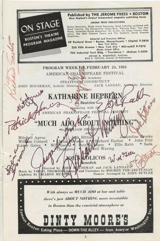 Hepburn, Katharine. (1907–2003) & Easton, Richard. (1933–2019) & Hines, Patrick. (1930–1985) & Waring, Richard. (1911–1993) & Geer, Will. (1902–1978) & Rabb, Ellis. (1930–1998) & Gates, Larry. (1915–1996) "Much Ado About Nothing" - Signed Program