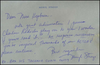 [Hollywood] [Hepburn, Katharine. (1907–2003)] Streep, Meryl. (b. 1949) Autograph Letter to Hepburn