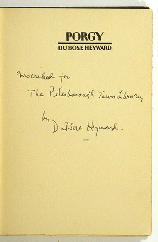 Heyward, DuBose. (1885–1940) [Illustrated by Theodore Nadejen (illustrator) ] "Porgy"  - Signed First Edition to the Peterborough Town Library