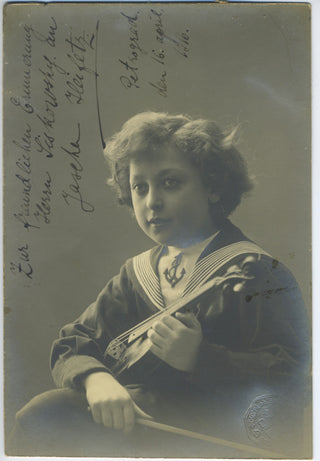 Heifetz, Jascha. (1901–1987) Signed Photograph at Age 15 to a Fellow Auer Student