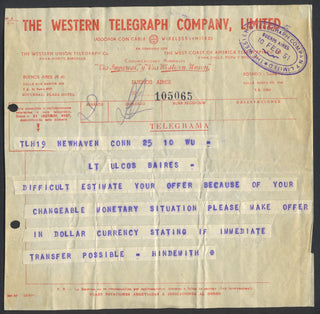 Hindemith, Paul. (1895–1963) Original Telegram