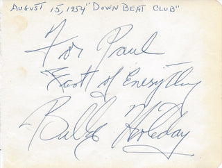 [Jazz &amp; Song] Holiday, Billie. (1915-1959) 1954 Autograph Signature from the Downbeat Club