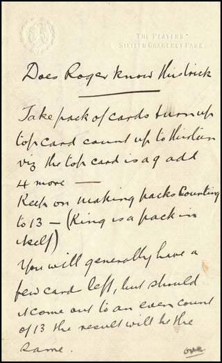 Houdini, Harry. (1874-1926)  Card Trick Manuscript