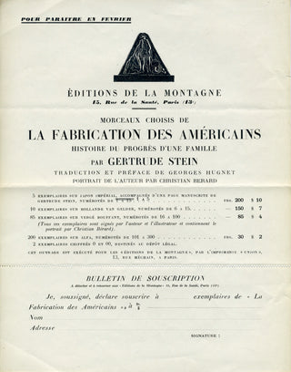 Stein, Gertrude. (1874-1946)  [Hugnet, Georges. (1906-1974)] [Tzara, Tristan. (1896-1963)] Morceaux Choisis de La Fabrication des Américains [The Making of Americans] - INSCRIBED BY GEORGES HUGNET TO TRISTAN TZARA