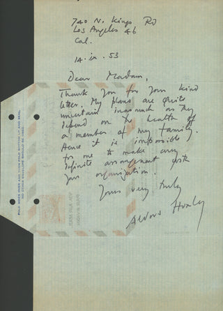 Huxley, Aldous. (1894–1963) Autograph Letter Signed