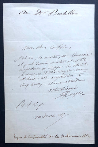 [Bertillon, Louis-Adolphe. (1821–1883)] Autograph Letter